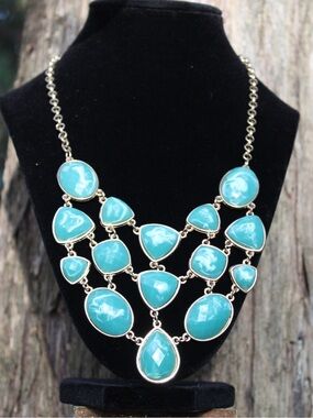 Gold Faux Marbled Turquoise Cabochon Tiered Bib Statement Necklace Boho